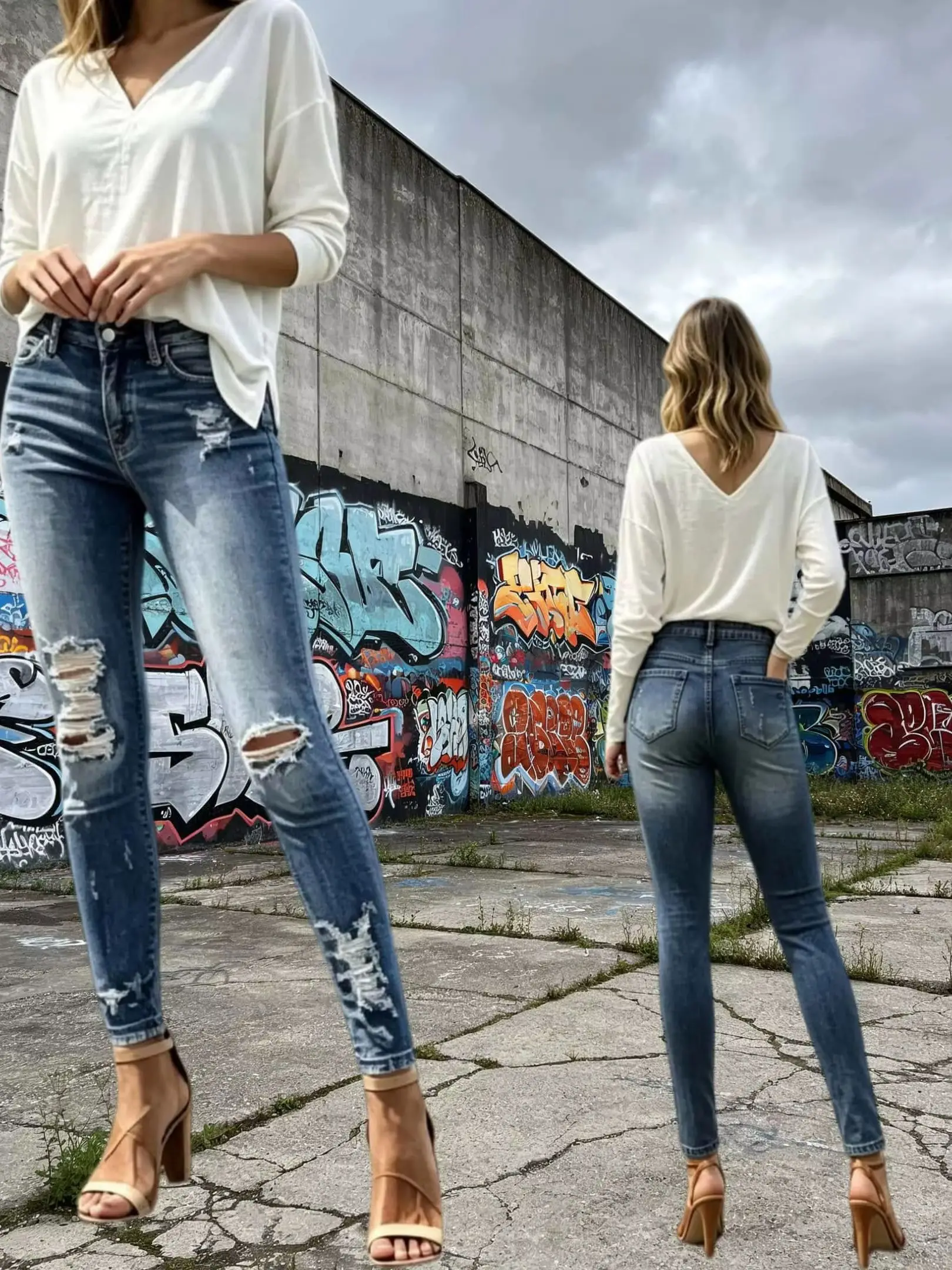 Low Waist Ripped Straight Leg Distressed Washed Pants Frayed Destroyed Design Slim Fit Personality Street Trendy Casual Outfit W