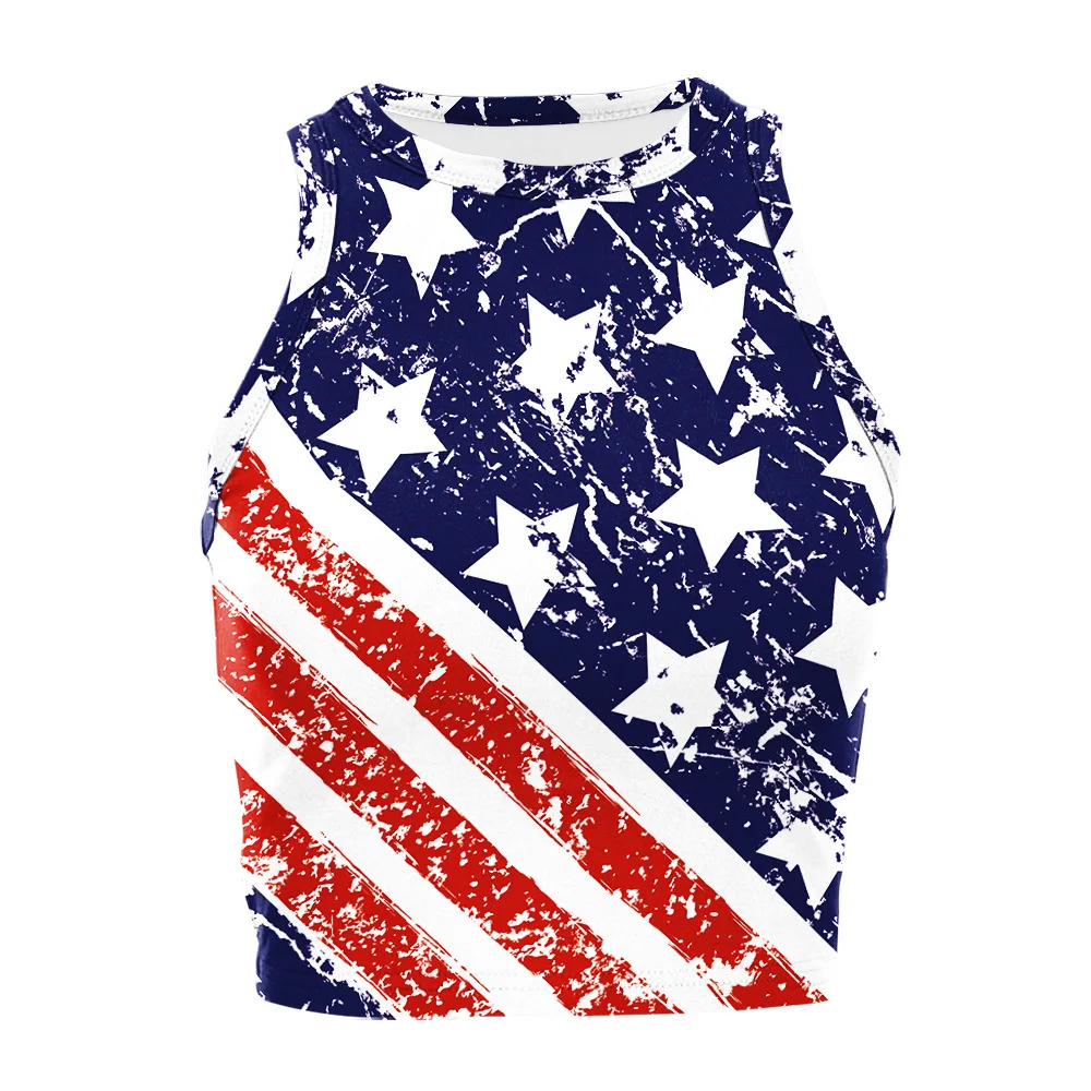 2024 Creative Summer American Independence Day Flag Digital Print Sleeveless Strapless Tank Top Women Casual Round Neck T-shirt