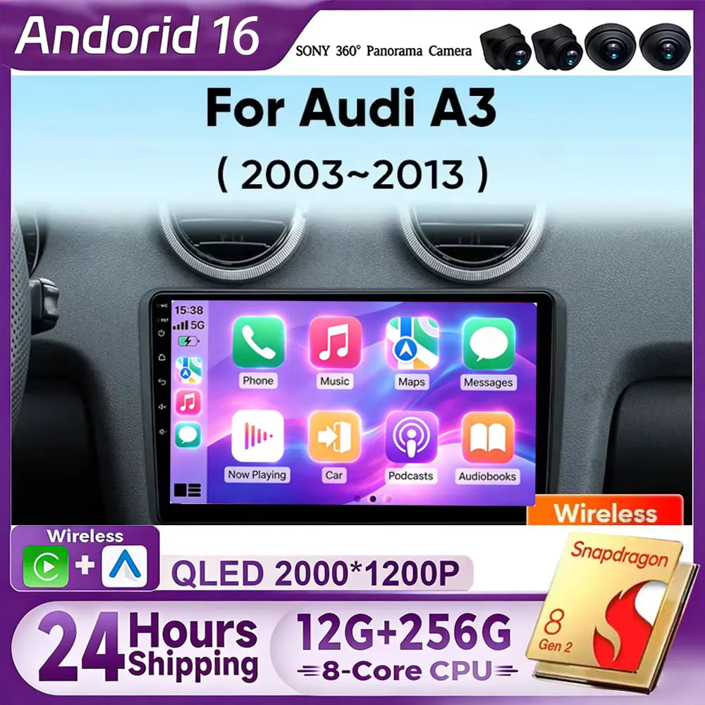 For Audi A3 8P 2003 - 2013 Android 16 Auto Radio Wireless Carplay+auto Car Multimedia Screen GPS DSP 2 Din Autoradio RDS 4G WIFI