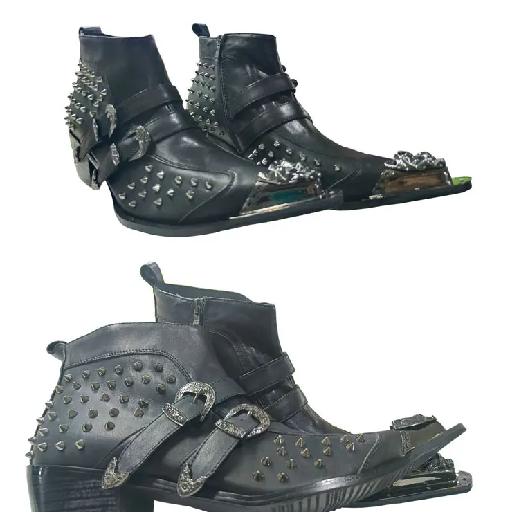Frühlings-Herrenstiefel, rote Lederstiefel mit Nietenspitze, Modell, sozialer Kontakt, Erhöhung der Show, hochhackige Herrenstiefel aus Lackleder – Detail 4