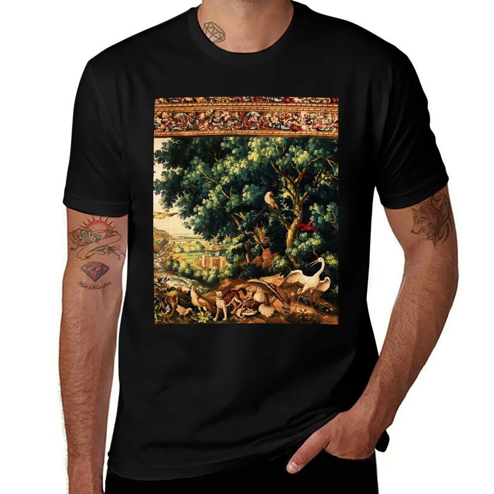 WILD ANIMALS, BIRDS AND WATERFALLS IN WOODLAND Picturesque Flemish Tapestry T-Shirt Tough Fabric Work Tee T-Shirt