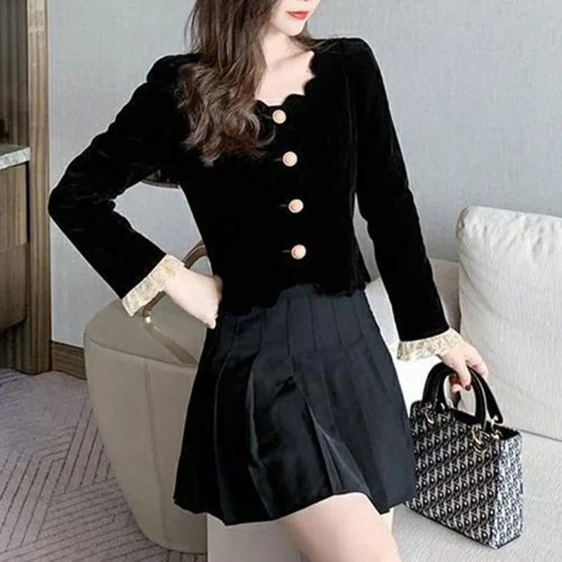 Vintage Korean Sexy Cropped Coat Women Fall Slim Black Velvet Thick Jacket Casual Office Lady Lace Long Sleeve O Neck Outwear