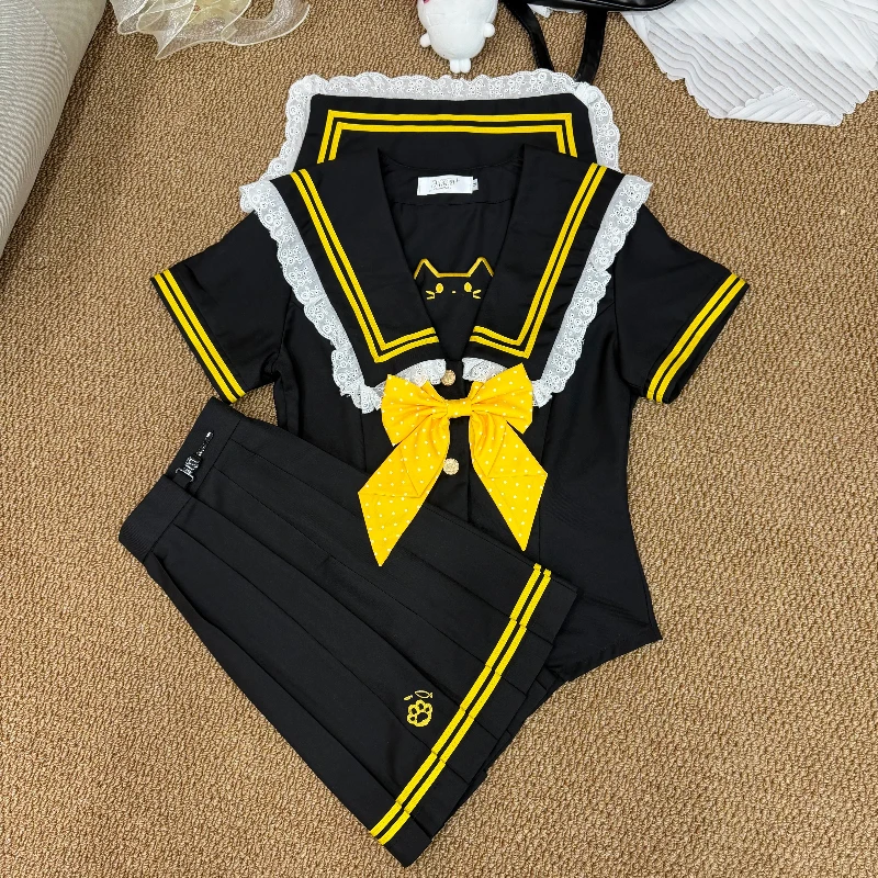 Süßes japanisches Matrosenkragen-JK-Uniform-Set: Gelbes Wellenpunkt-Schleifen-Katzenhemd und Rock – Kawaii Lolita Outfit für Damen, Alltagskleidung