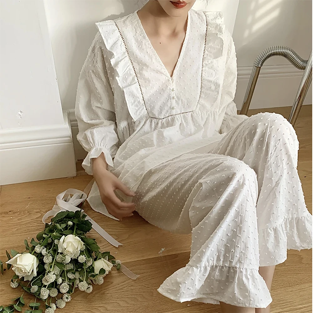 Women\'s Jacquard Dots Pajama Sets.Stringy Selvedge Tops+Long Pants.Vintage Ladies Dot Pyjamas Set.Victorian Sleepwear Loungewear