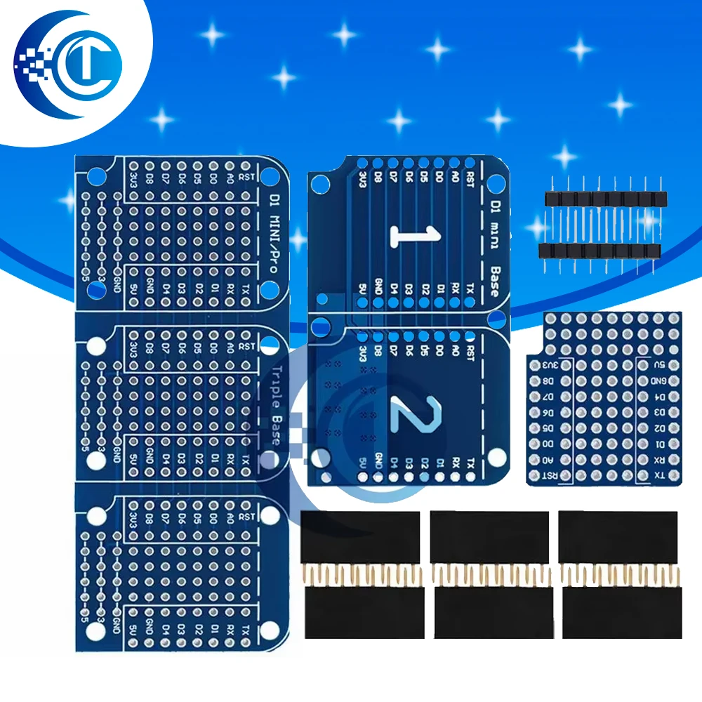 D1 Mini Double-Sided Shield for WeMos D1 Mini: Triple ProtoBoard, for Arduino-Compatible Perf Board