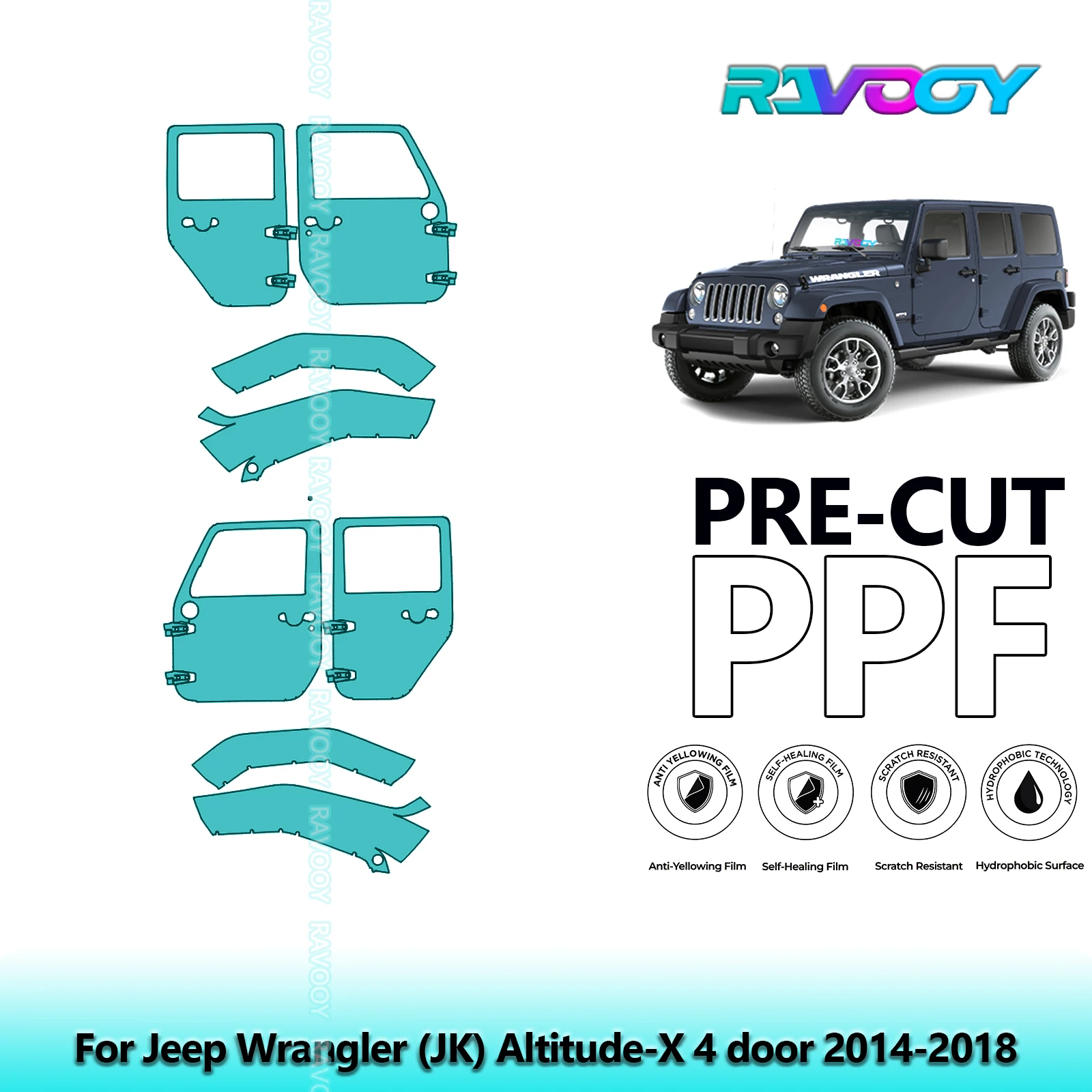 

For Jeep Wrangler (JK) Altitude-X 4 door 2014-2018 8.5mil Pre-Cut PPF Door & A/B Pillar Kit TPU Paint Protection Film Set