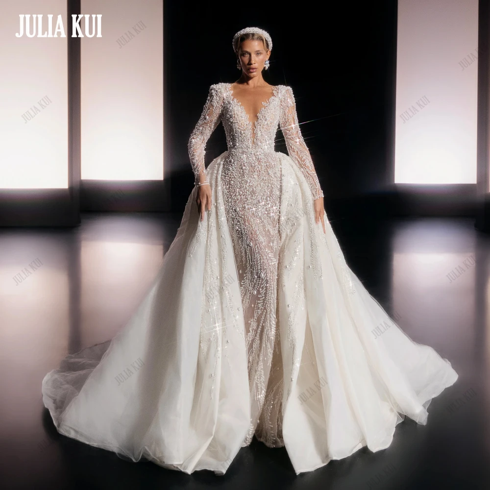 

Julia Kui Stunning Lace V-Neck Mermaid Wedding Dress Beading Pearls Appliques Vestido De Noiva 2 In 1 Trumpet Bridal Gowns