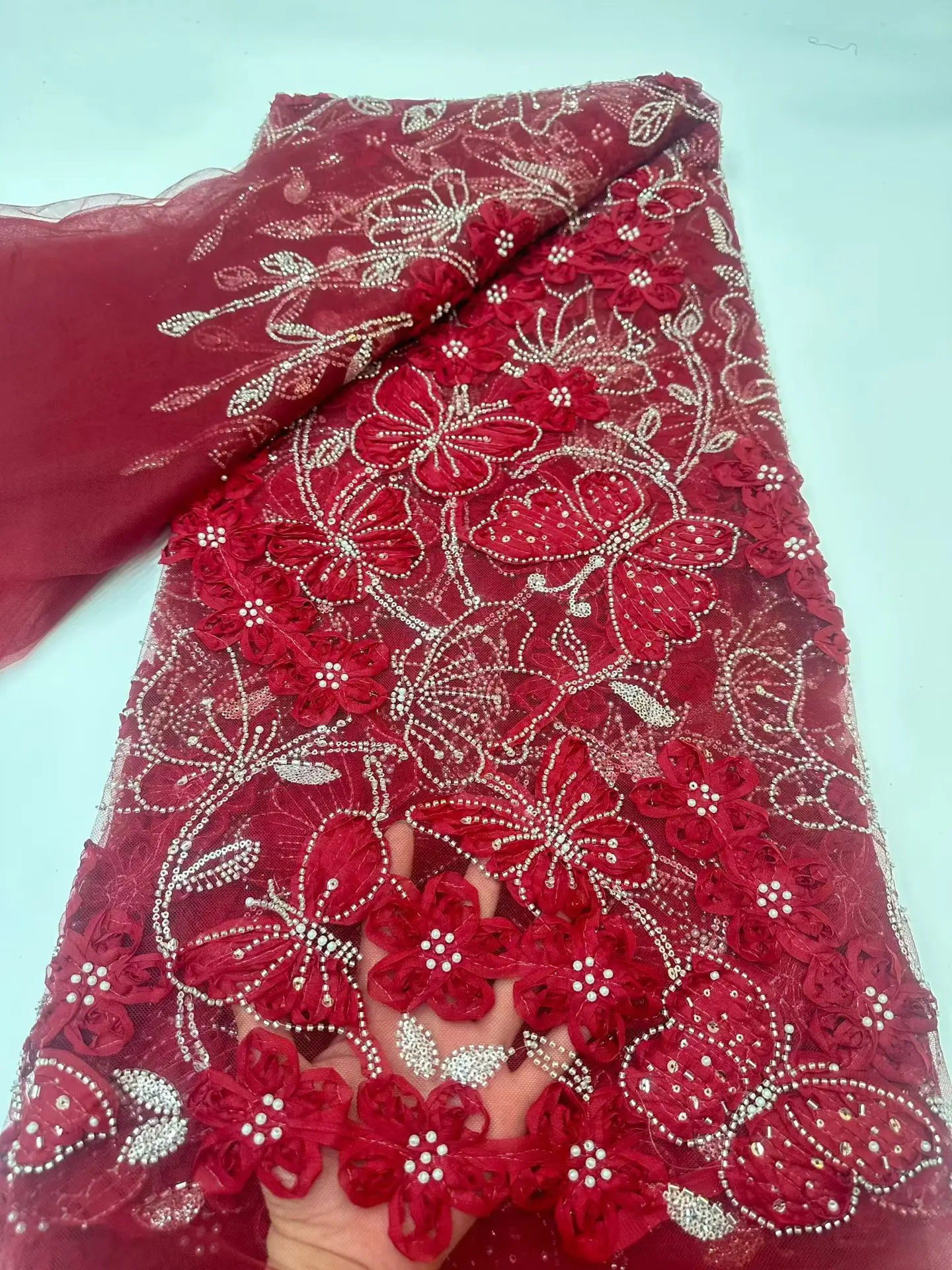 

Роскошная красная африканская кружевная ткань с пайетками для жениха, 2026, высококачественная французская нигерийская кружевная ткань с бисером для пошива свадебных платьев M248-1