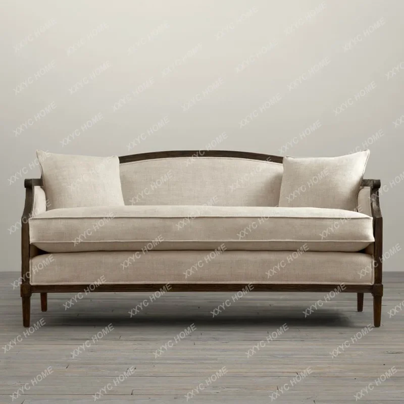 SS Solid wood old sofa,  antique white sofa, linen fabric sofa, living room, three-person sofa can be removed and washed