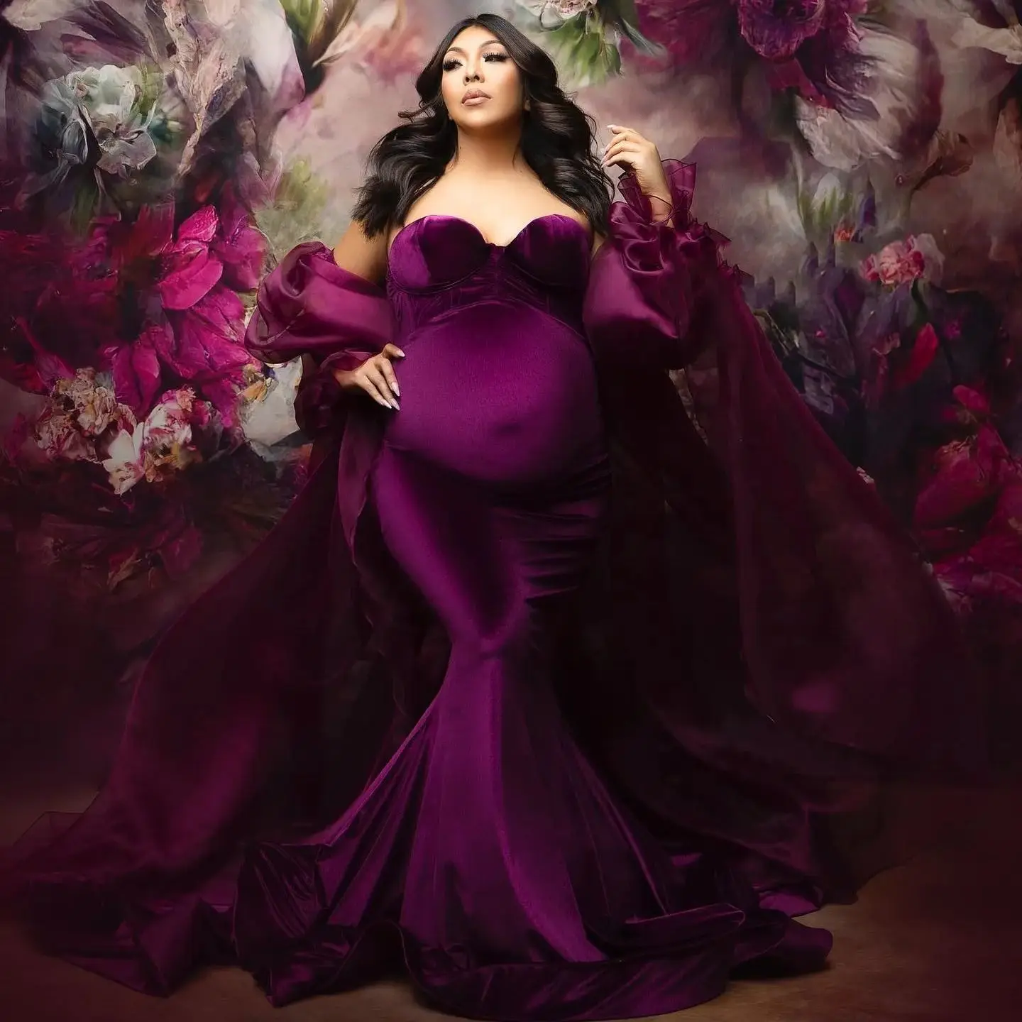 

Purple Velour Prom Dresses for Pregnant Women Plus Size Photography Dressing Gown with Wrap Elegant Mermaid robe de mariee