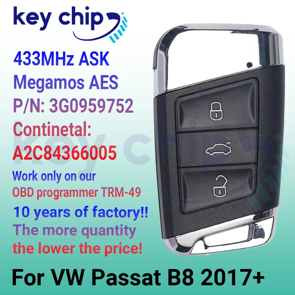 KeyChip For VW Passat B8 2017-2020 3 Buttons Keyless Smart Key 433 MHz Megamos AES Chip 3G0959752 A2C84366005