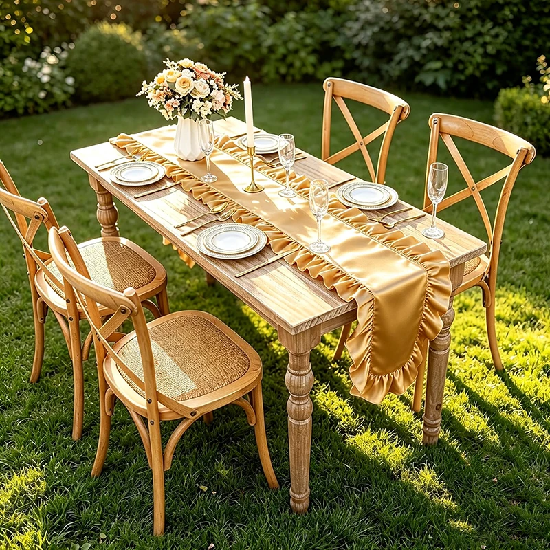Gold Satin Ruffle Table Runner Silk Fabric Luxurious Flounces Tablecloth for Home Kitchen Dinning Wedding Party Table Decoration