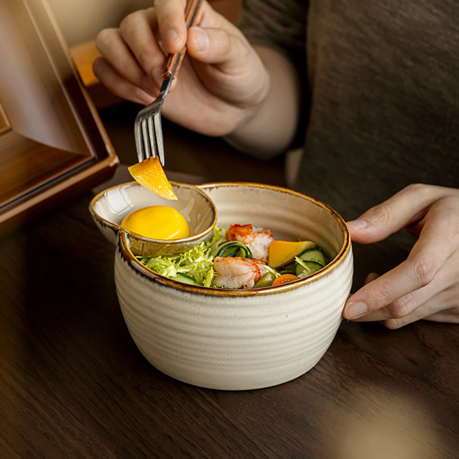 Divided Ceramic Bowl with Dipping Dish 1 Pack High-Fired Ceramic Compartment Serving Bowl One Size for Dumplings Salad Fries