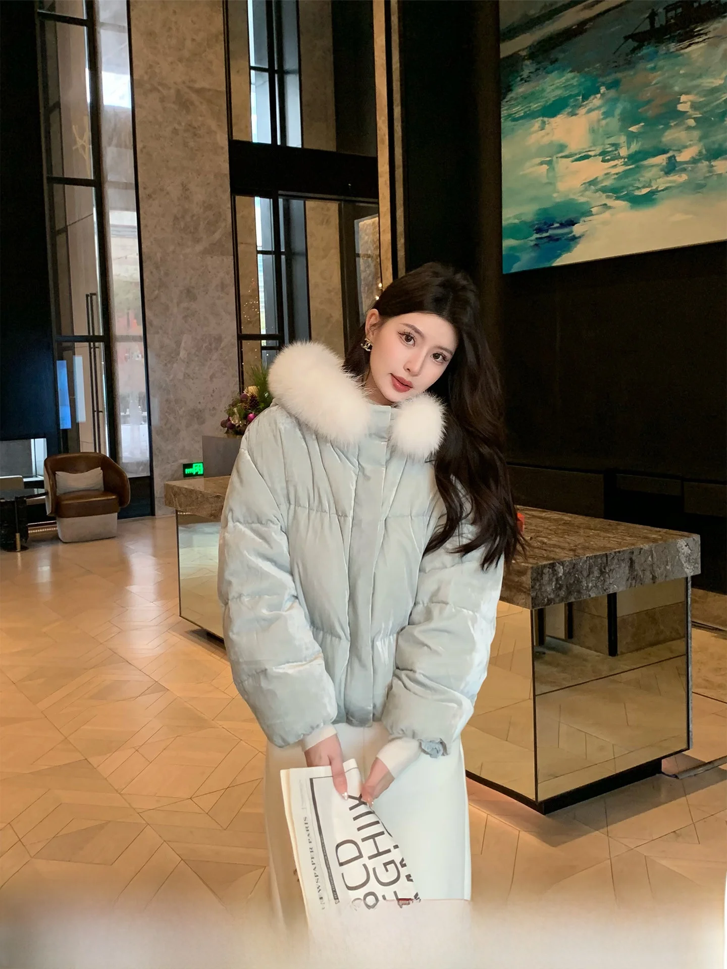 

Женская утепленная куртка Kun Blue Dr Island с меховым воротником, зимняя, теплая, повседневная, из нейлоновой ткани, с наполнителем из пуха.