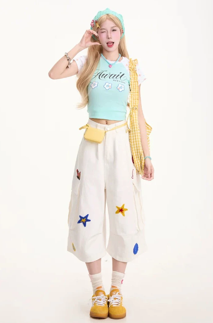 Mode Frauen Bestickte Shorts Marke Weiß Lose Arbeit Shorts Multi Tasche Design Gefaltet Casual Sommer Shorts