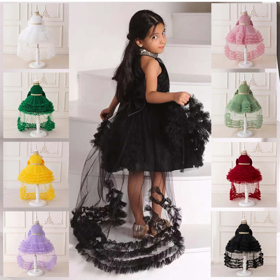 

Baby Girls Formal Evening Gown Children Halter-Neck Tulle Ball Gown with Train Flower Girl Wedding Dress With Detachable Bowknot