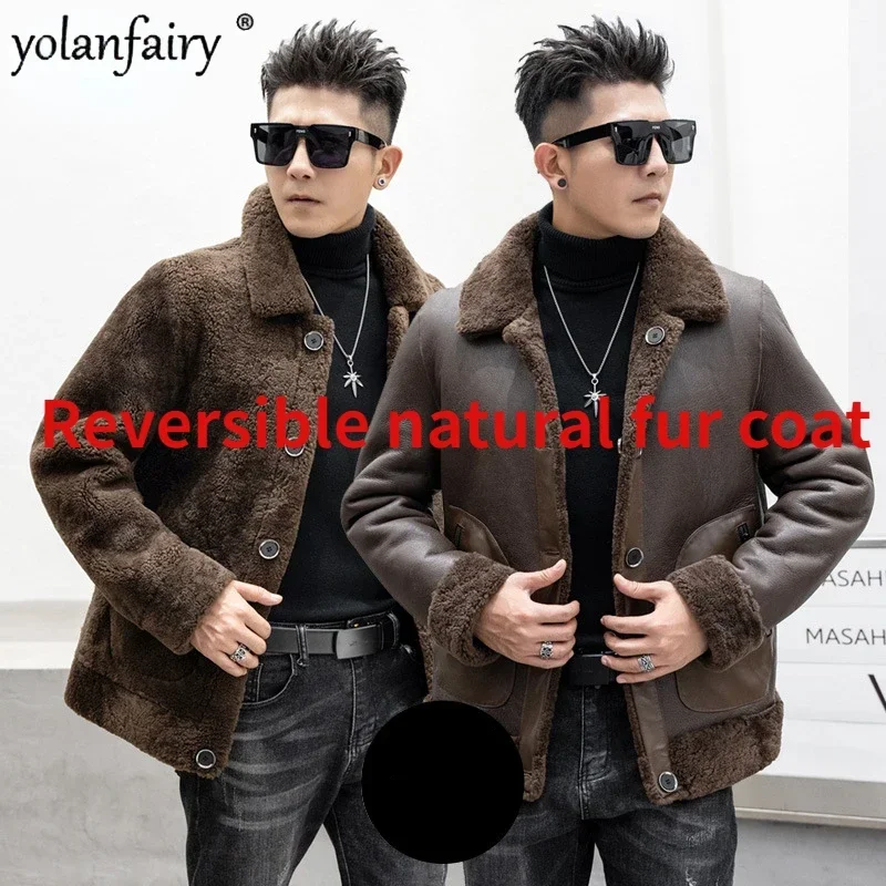 Winter Original Natural Fur Coat Men Genuine Leather and Fur Jacket Reversible Sheep Cut Fleece Coats for Men Thickened Outwears