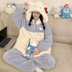 Kawaii 2Pcs Women's Plush Pajamas Suit Anime Hello Kitty Sanrioed Winter Cute Home Clothes Cartoon Thickened Homewear Soft Girls