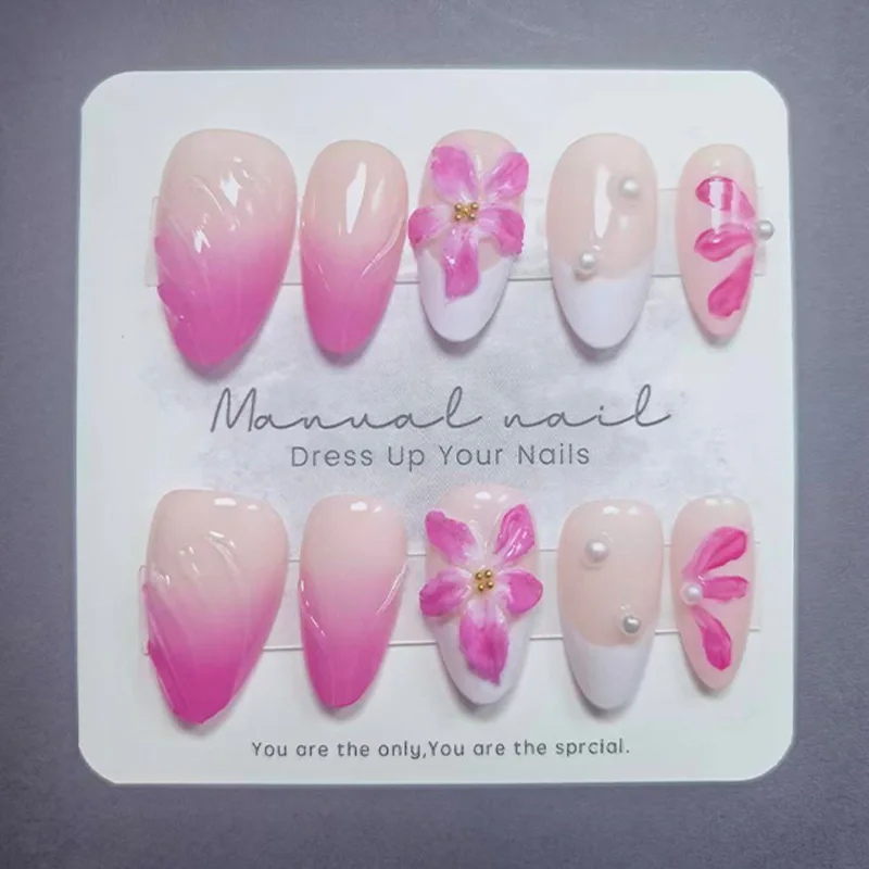 Image of 10 Stück 100% Handgefertigte Aufklebenägel Mandelform 3D Blumen Französische Spitze Polka Dots Perlen Acryl Künstliche Nägel Glänzendes Gel Maniküre-Set