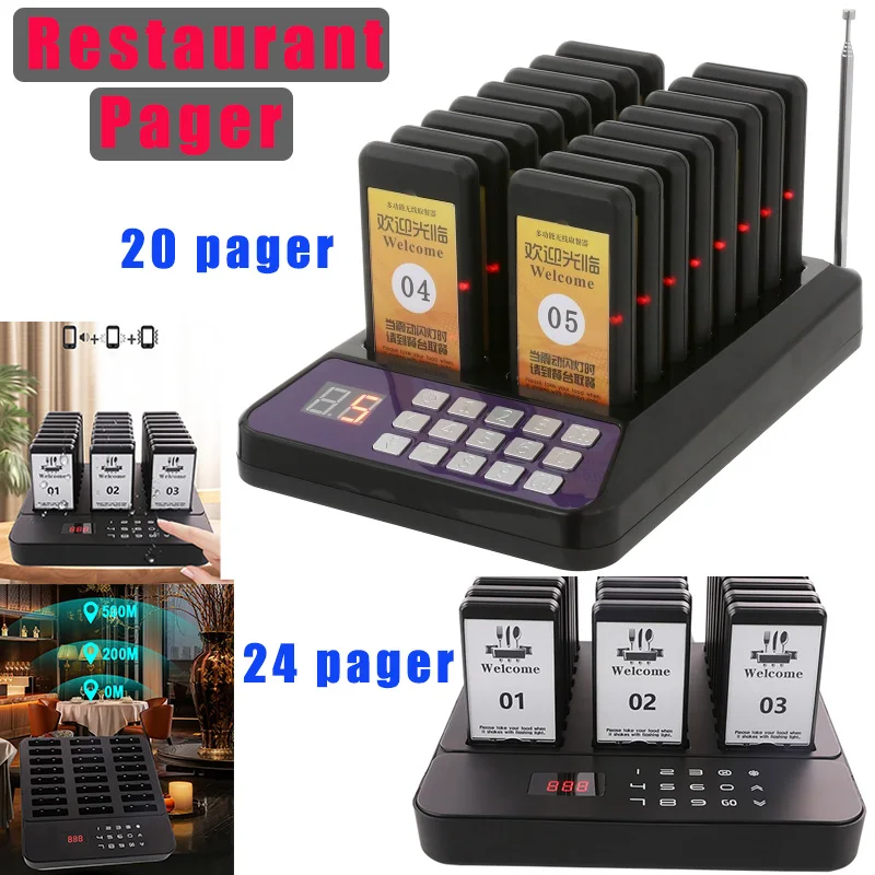 Style 3- Restaurant Pager with 24 Coasters Wireless Caller Buzzer Bell Calling System Cafe Bar Fast Food Truck Bars Hotel Beeper