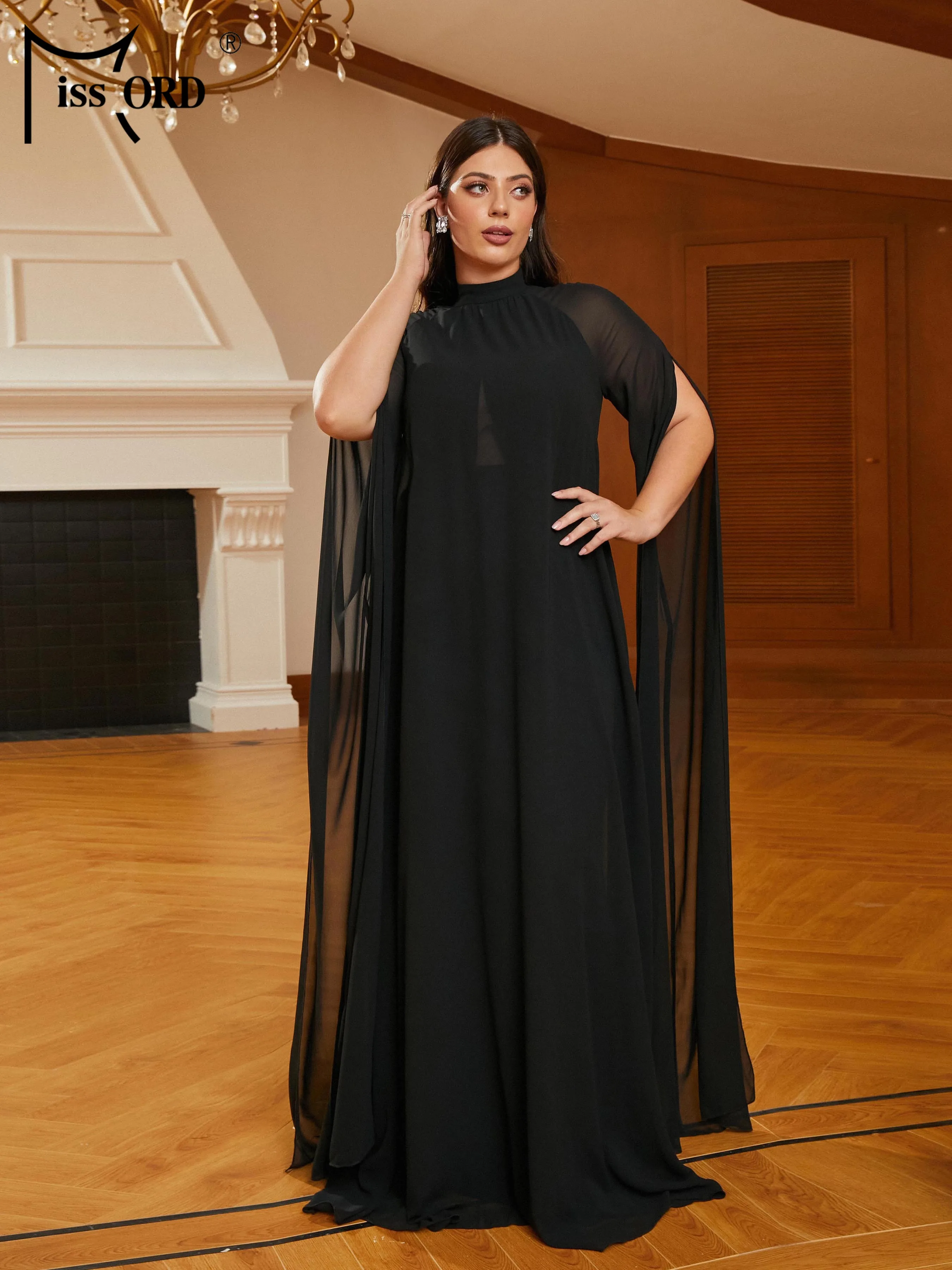 Missord-Robe de soirée noire, grande taille, col rond, manches fendues, ligne A, robe de Rh