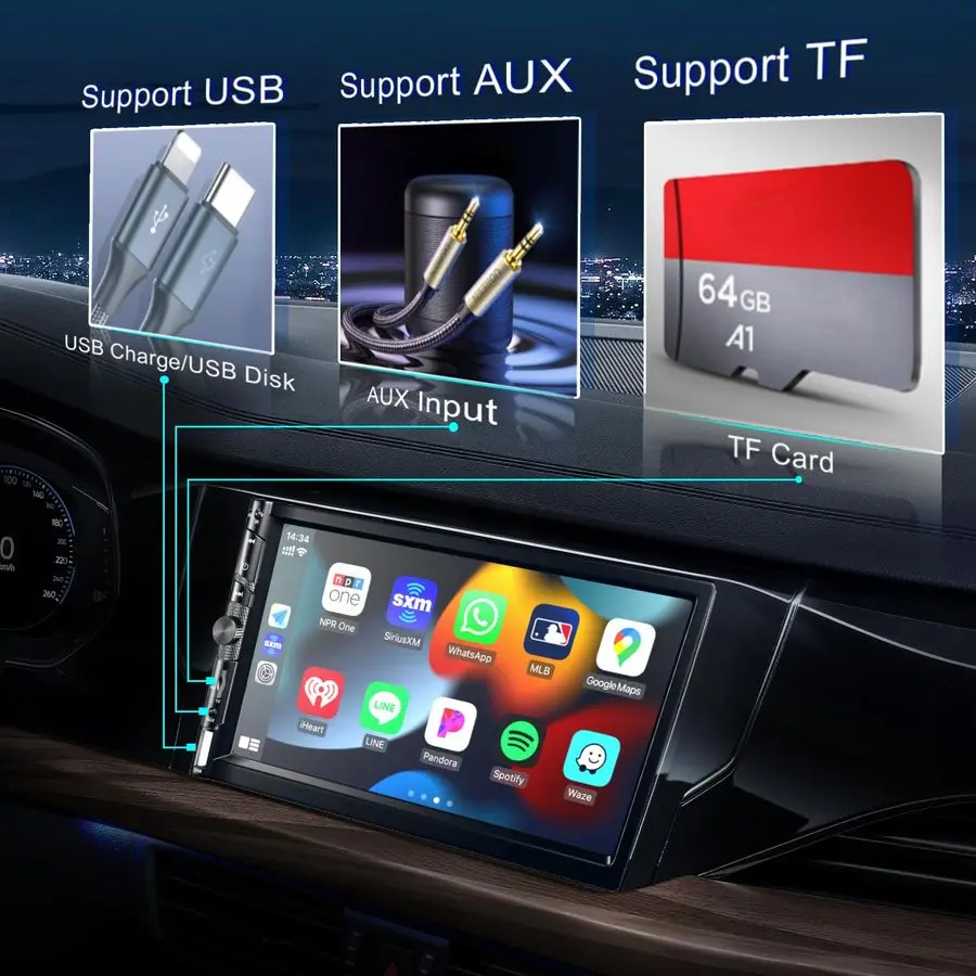 ستيريو سيارة مزدوج الدين 7 بوصة مع Apple Carplay، شاشة لمس HD 1024 600، جهاز استقبال راديو FM للسيارة مع بلوتوث 5.1 بدون استخدام اليدين، نظام تحديد المواقع #6