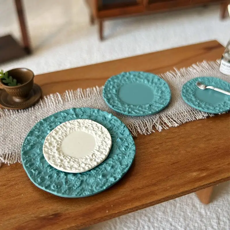 Miniature Round Steak Plate Dollhouse Rock Pattern 3Pcs Set Resin Food Dessert Dish for Pretend Play Tableware Toy