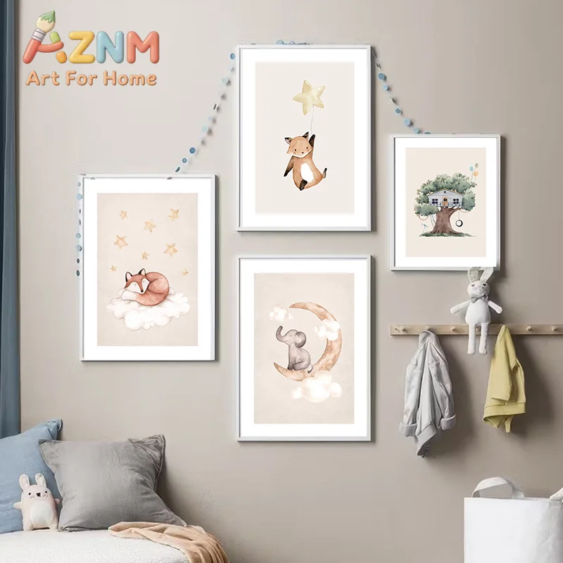 Cartoon Cute Animals Poster Nursery Fox Rabbit with Balloon Prints Canvas Painting Wall Art Pictures for Home Kids Room Decor