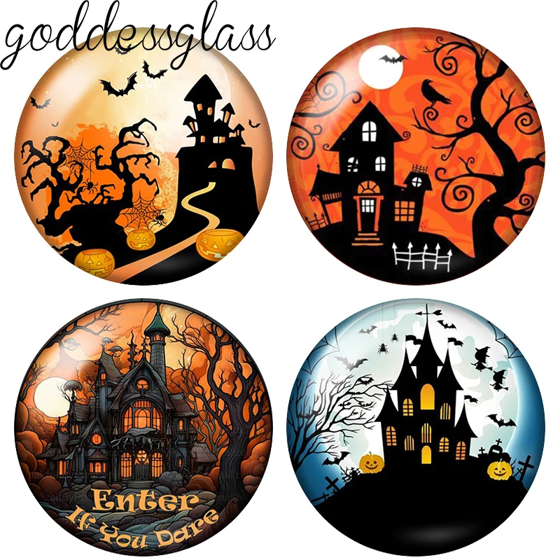 Halloween Terrifying Castle at midnight Bat 10pcs 12mm/18mm/20mm/25mm Round photo demo glass cabochon flat back Making fittings