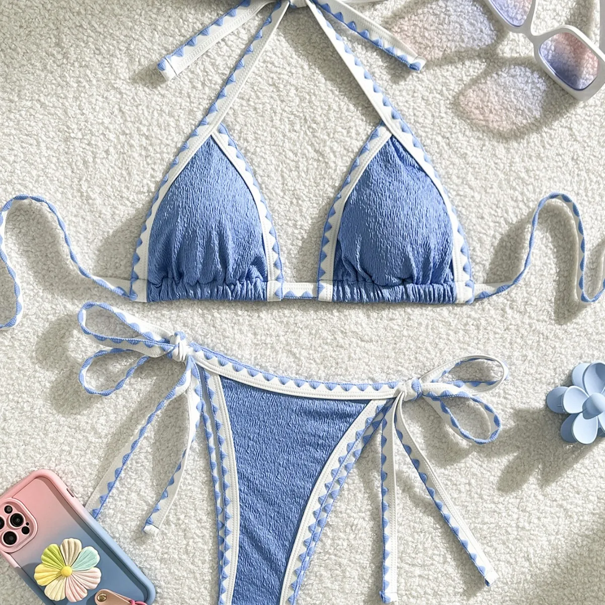 

Купальник-бикини с плиссировкой и эффектом мятой ткани, состоящий из двух частей, с завязками сбоку, стринги, для женщин