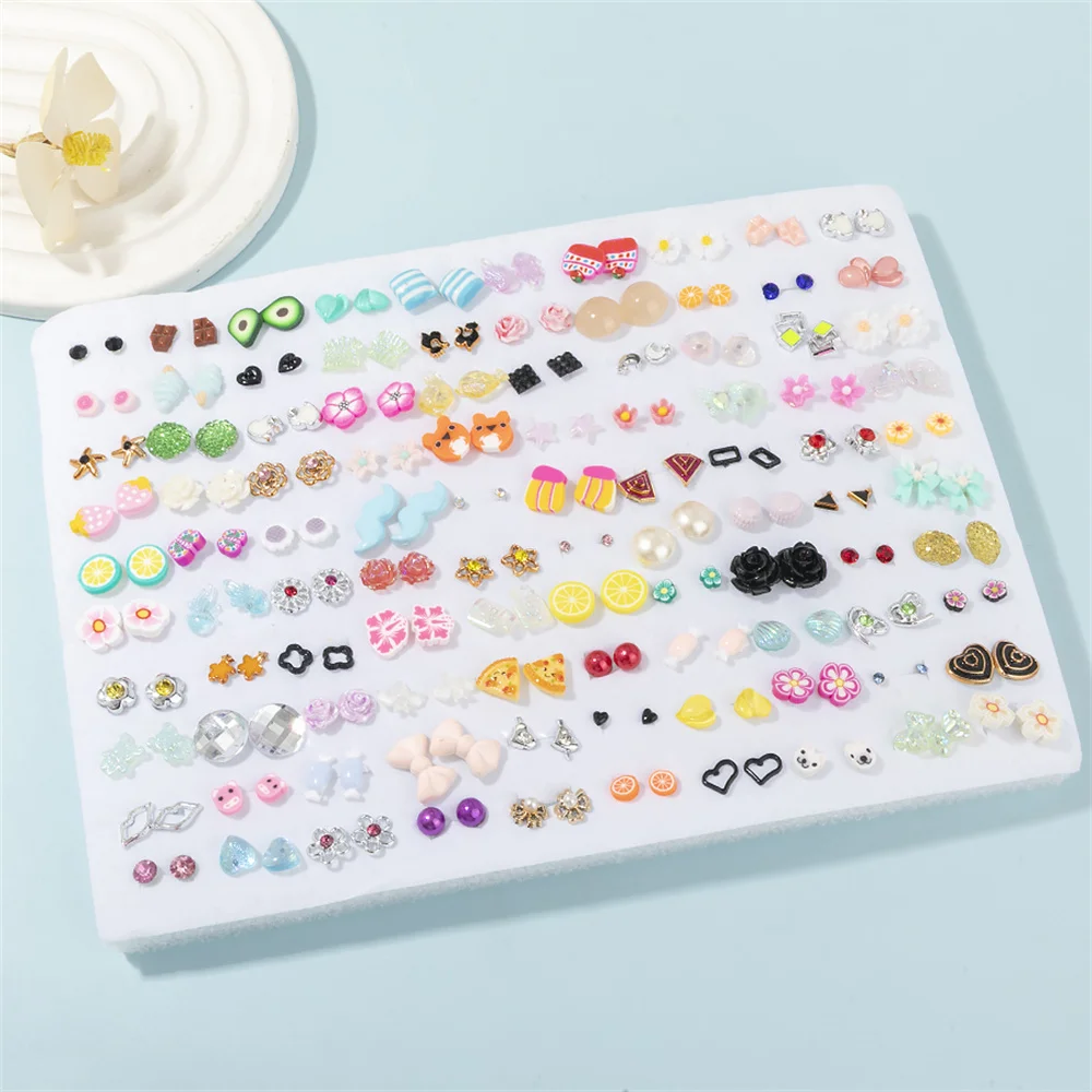 100Pairs Acryl Kristall Herz Stern Mond Kleine Stud Ohrringe Set Für Frauen Tier Blume Kunststoff Ohrring Set Schmuck Geschenke ﻿