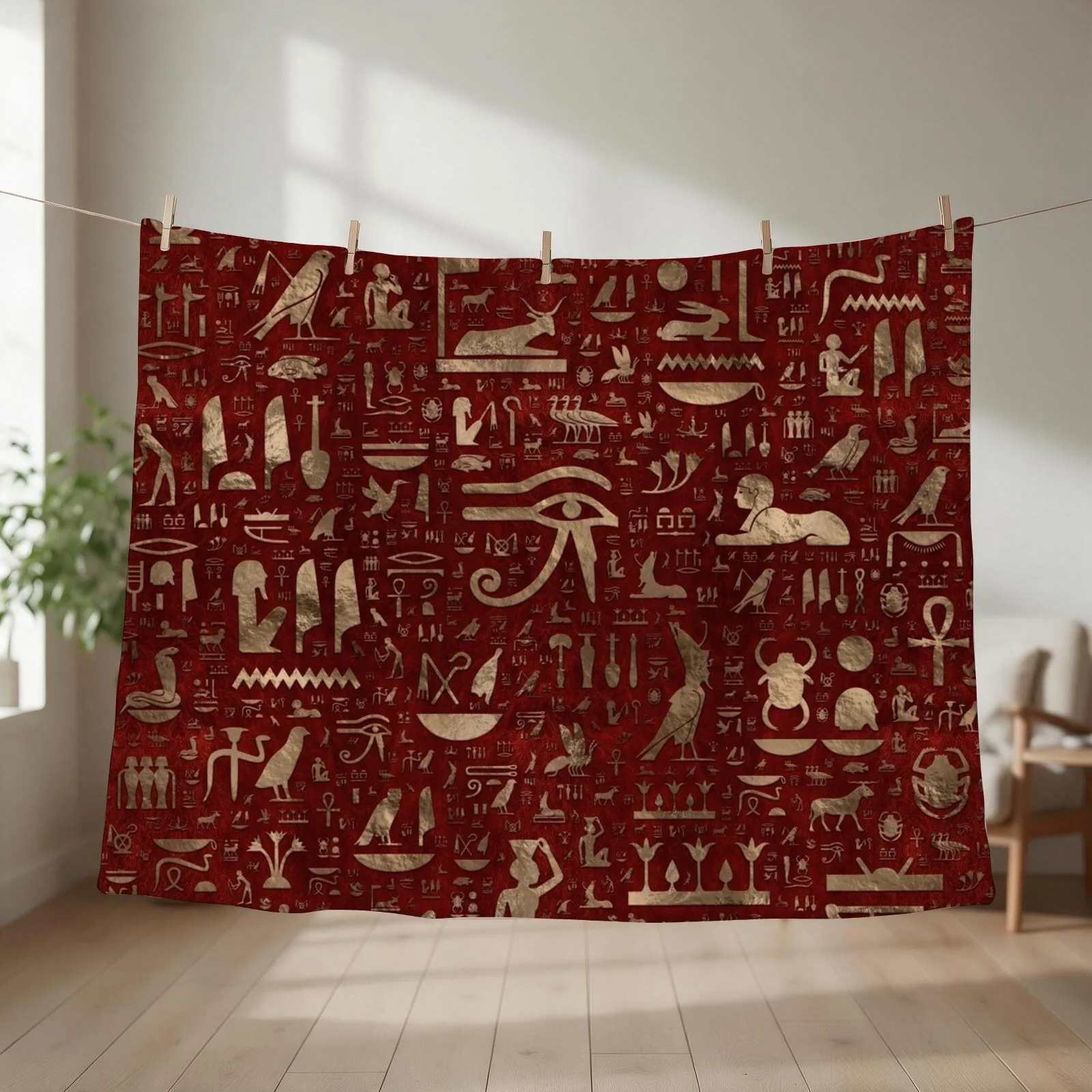 Ancient Egyptian hieroglyphs - Red Leather and gold Throw Blanket couch cozy soft plush fuzzy picnic outdoor blanket