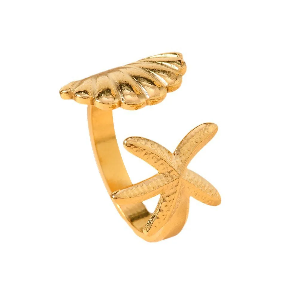 4pcs/set Apricot Leaf Shell Starfish Open Ring for Women Luxury Trendy Jewelry Retro High-end Titanium Steel Adjustable Rings