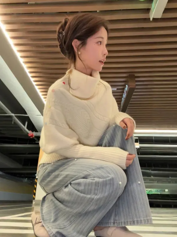 

Шикарный асимметричный трикотажный воротник, мягкий слэ, красивый уникальный зимний топ для женщин, повседневный длинный свеч с высоким воротником