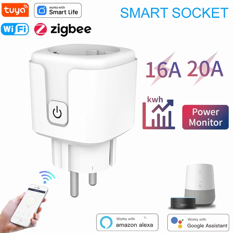 Tuya WiFi ZigBee Smart Plug Socket EU 16A / 20A с Power Monitor Timing Голосовое управление Умный дом Работает с Alexa Google Home