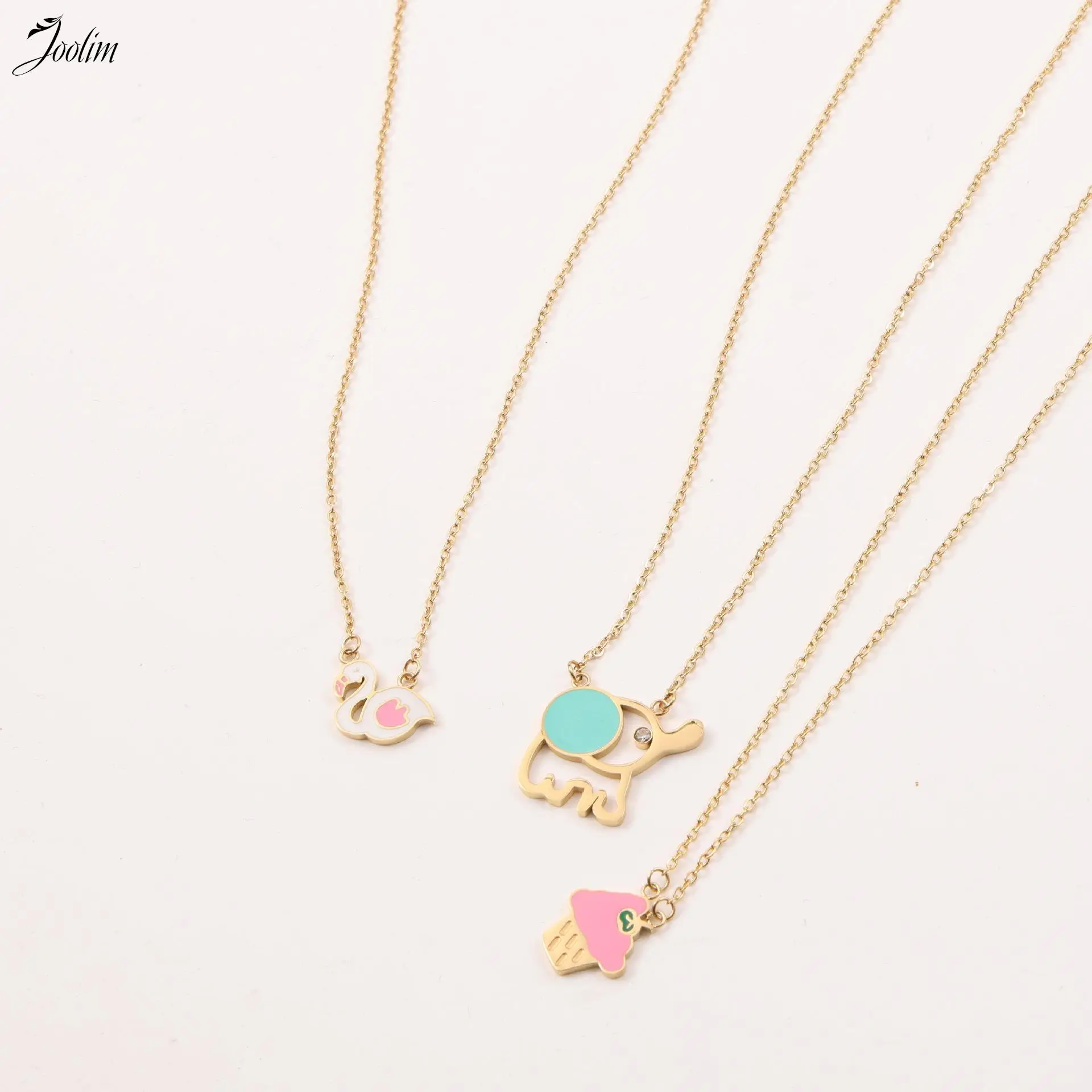 

Joolim Wholesale No Fade Lovely Colorful Enamel Dripping Oil Elephant Swan Ice Cream Pendant Stainless Steel Necklace for Women