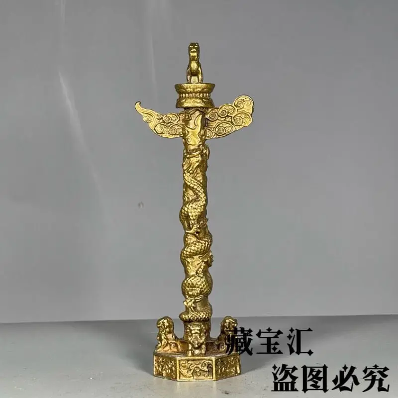 Vintage Solid Brass Tiananmen Huabiao Column Statue Chinese Old Collection With Fortune Pixiu Double Lions Home Decor