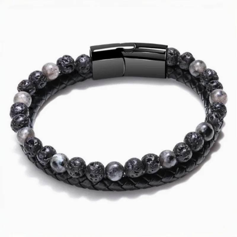 6mm Natural Lava Stone Tiger Eye stones Leather Braided Double Layer Bracelet Men's Boho Healing Jewelry for Grounding Courage