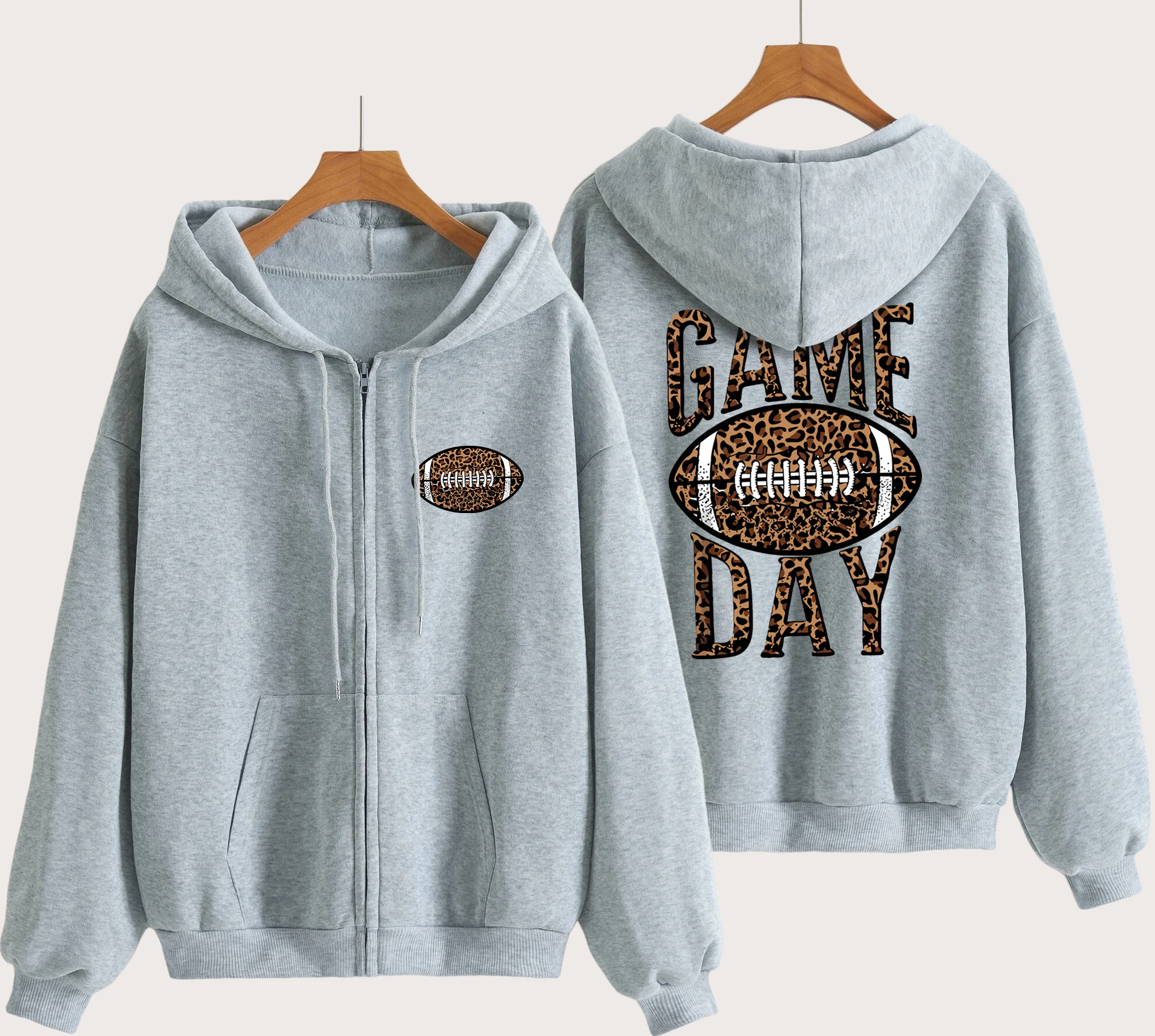 Game Day Leopard Rugby Letter  Design Zipper Sweatshirts Women Fleece Hoodies Autumn Oversize Hoodie Casual All-Match Streetwear