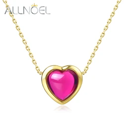 ALLNOEL 925 Sterling Silver Pendant Necklace For Women Natural 8*8mm Red Corundum Sweet Lovely Heart Wedding Fine Jewelry Gifts