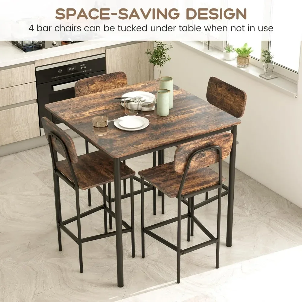 5-Piece Dining Table Set W/Counter Height Table & 4 Bar Stools, Industrial Kitchen Dining Set Footrest & Backrest