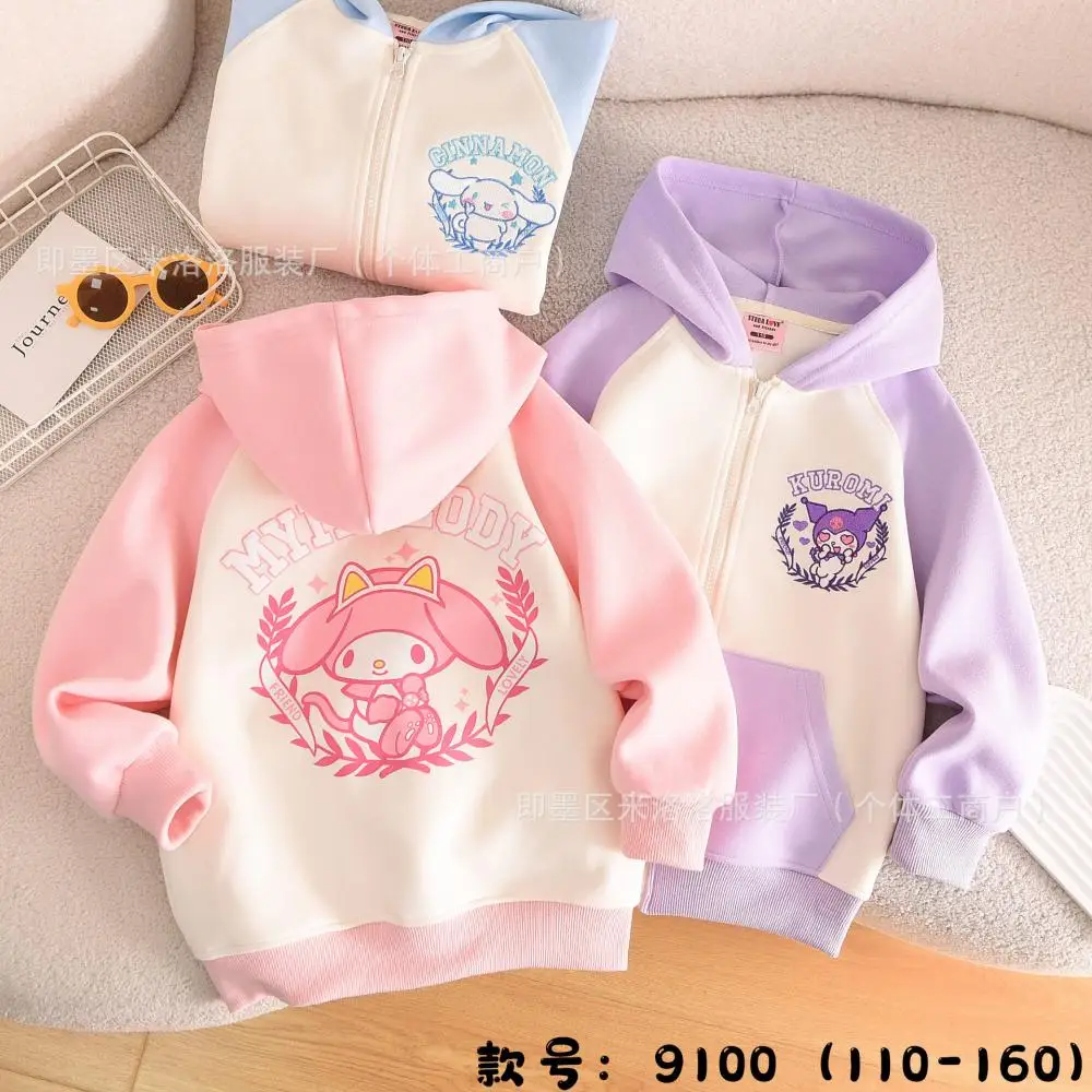 Kawaii Kuromi Girls Hoodie Sanrio Anime Cinnamoroll My Melody Zipper Coat Student Spring Cartoon Sweet Babys Clothes Kid Gifts