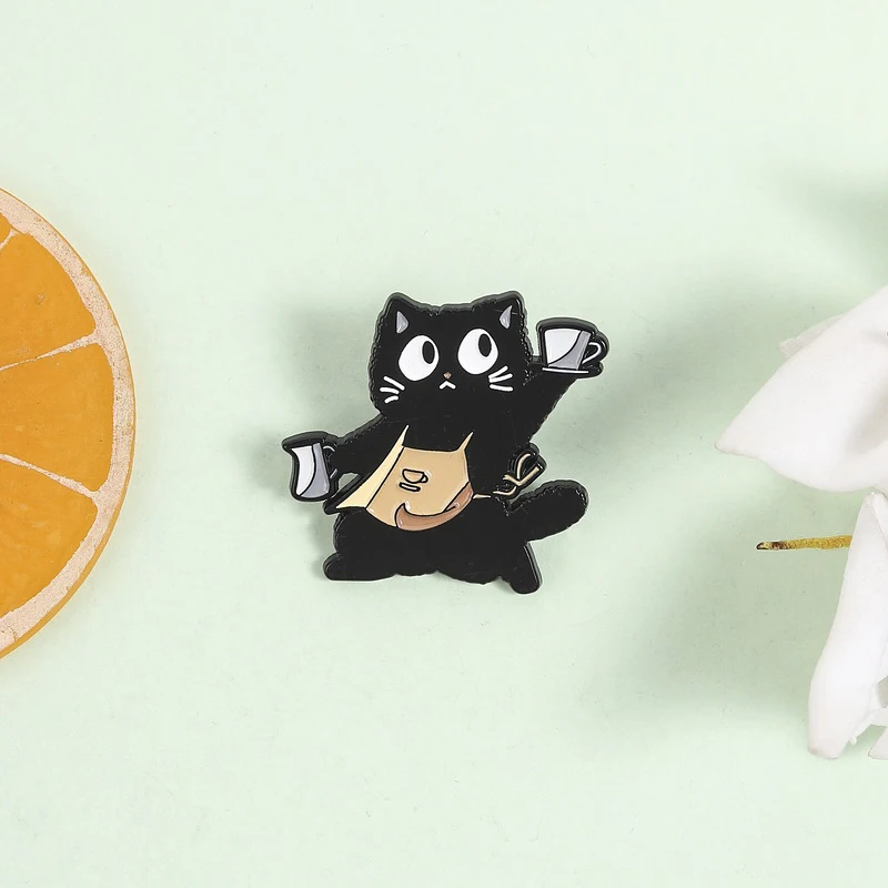 Barista Black Cat Cartoon Enamel Pin Cute Cat Wearing Coffee Apron Uniform & Coffee Cup Brooch Lapel Badge Jewelry Gifts Friends view 2
