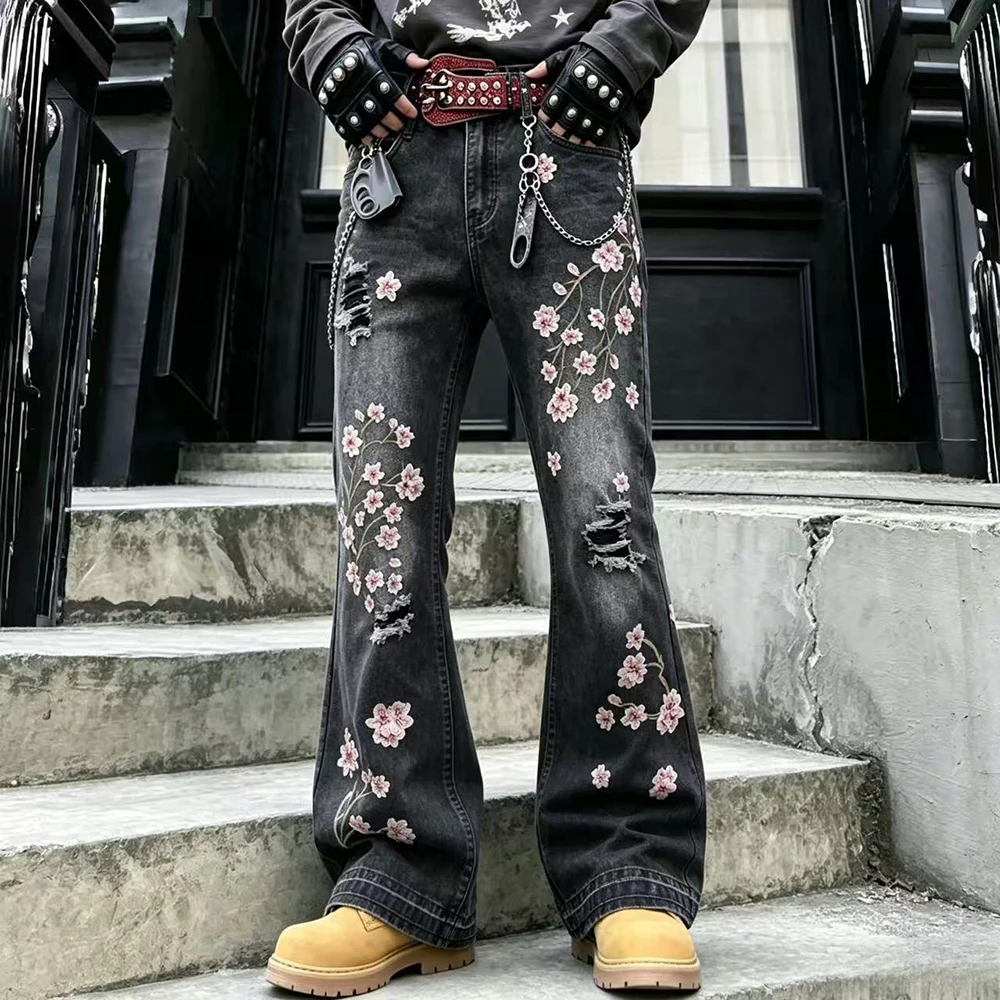Embroidery Jeans Sakura - Herren Bootcut Stretch-Denim-Jeans Streetwear Sakura-Stickerei Hose