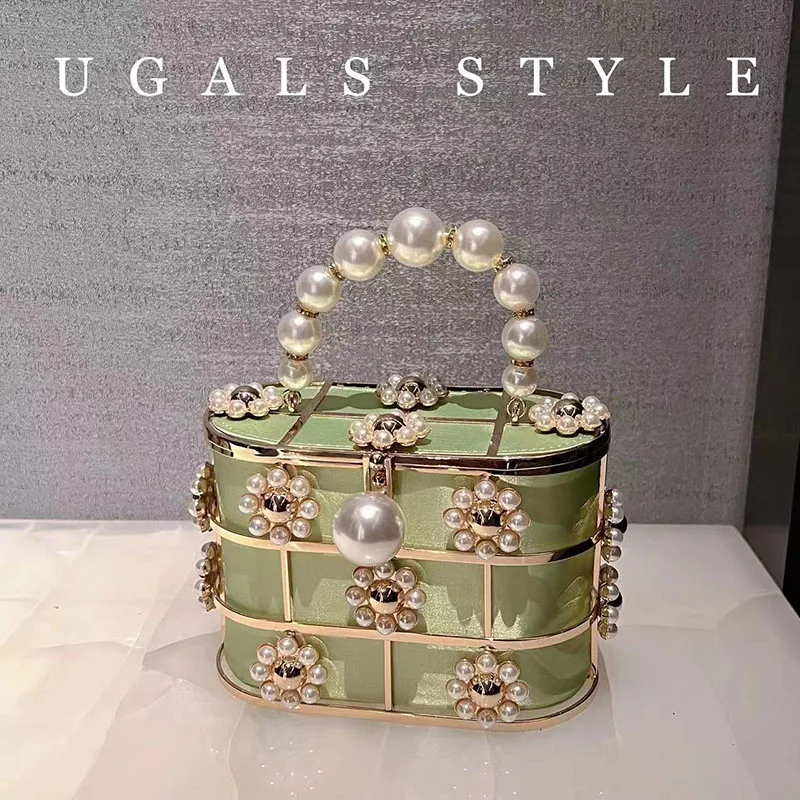 Luxury Fashion Hollow Out Gold Metal Cage Pearl Beading Women\'s Handbag Evening Bag Wedding Party Clutch Purse Crossbody Bag