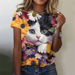 Flower Cat Pattern T-Shirt Women Colorful Animal 3D Printed T Shirts Summer Casual Harajuku Loose Tops Short Sleeves O-Neck Tees