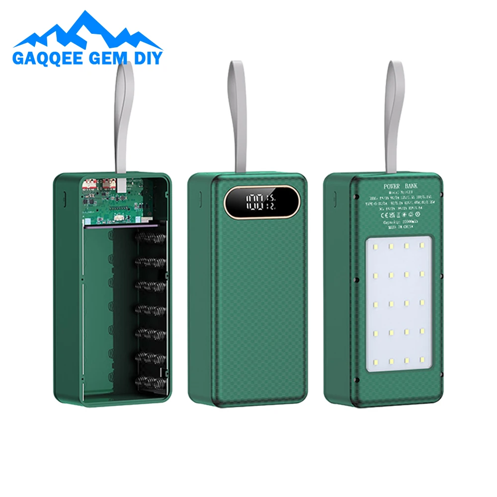 21PCS 18650 Battery Box DIY Mobile Power Case Solderless 22.5W Fast Charging DC/USB/Type-C Output With LED Light Outdoor Power