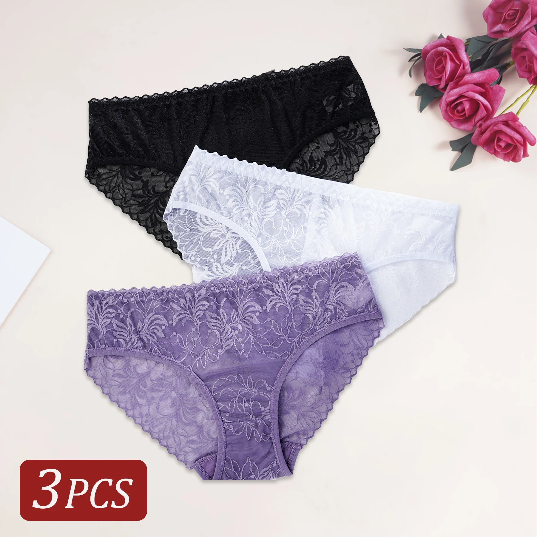 3PCS Hochwertige Elegante Frauen Unterwäsche Aushöhlen Spitze Druck Sexy Höschen Einfarbig Briefs Dessous Dessous S-XL