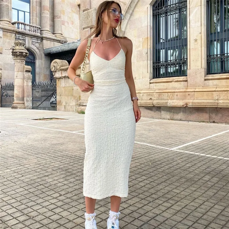 

Women Elegant White Hollow Lace Suspenders Dress Slim Solid Sleeveless Vestidos 2024 Summer Fashion Female Party Vacation Robes