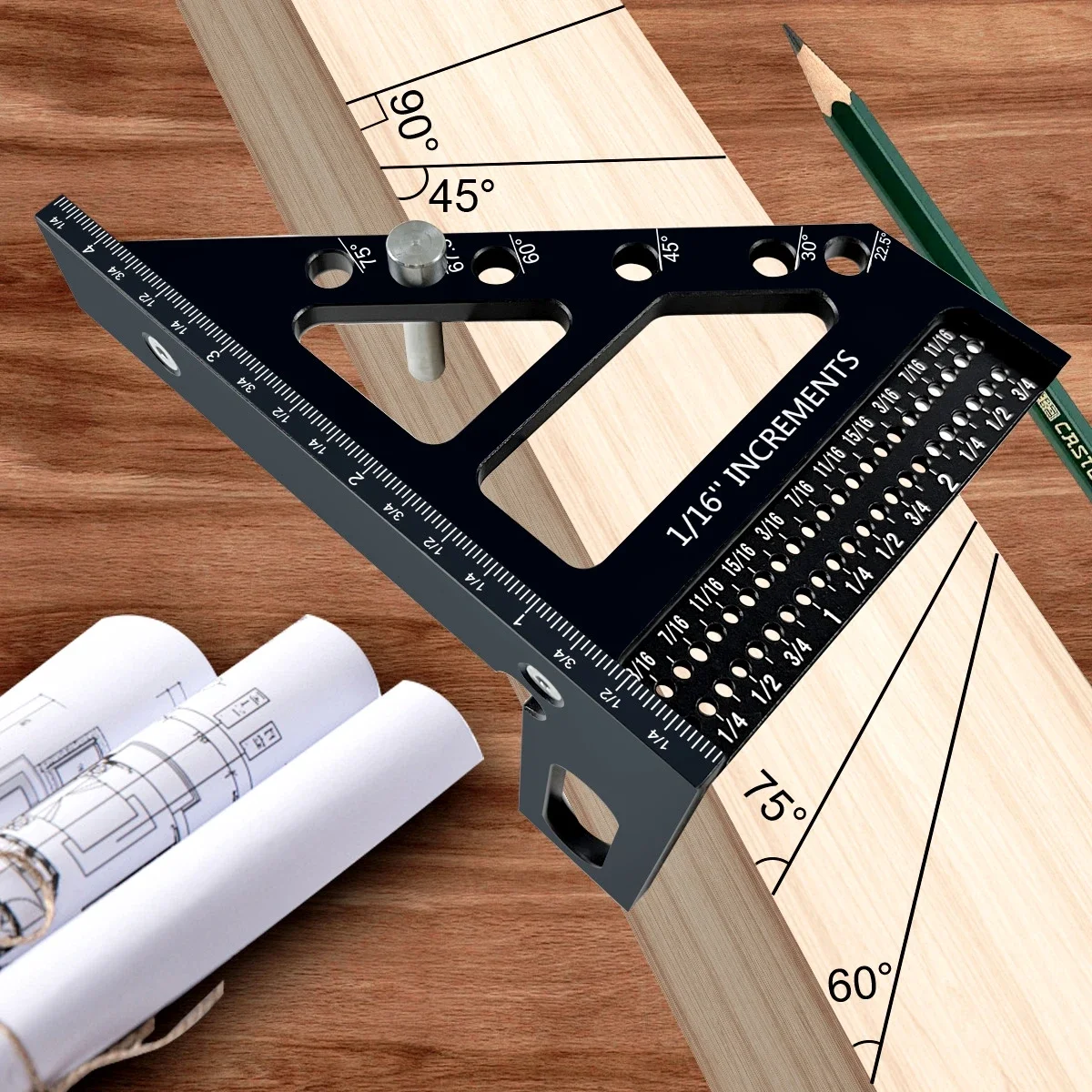 Premium Aluminum Miter Triangle Ruler - 3D Multi-Angle Woodworking Square Protractor - Enhanced Hole Scriber - High Accuracy